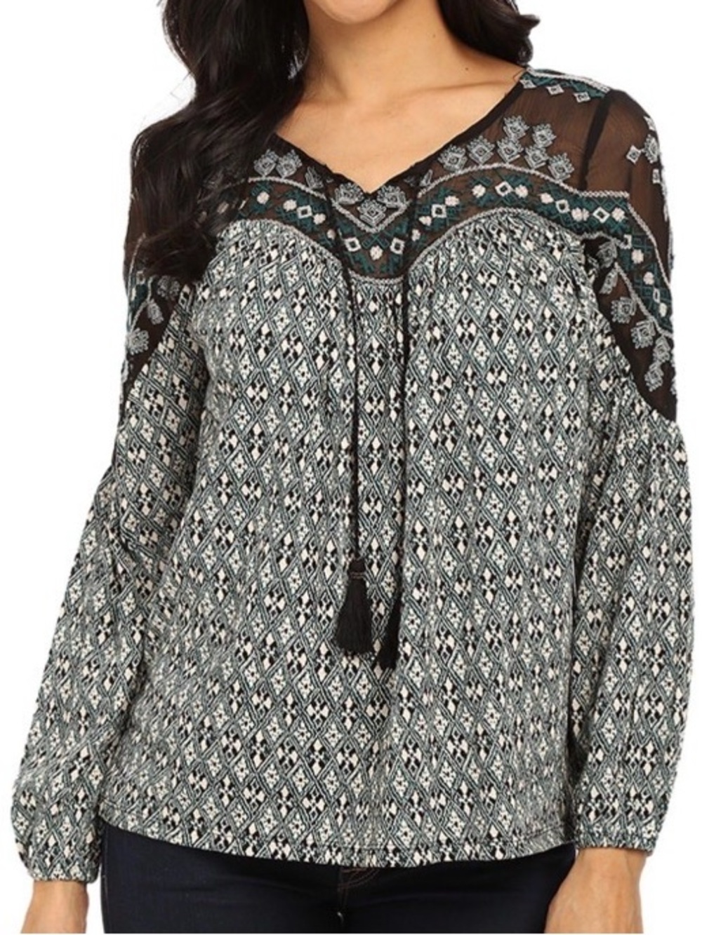 Lucky Brand Boho Embroidered Peasant Top w/ Tassel Tie